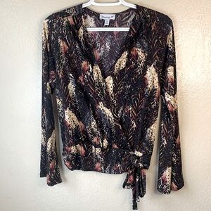 Veronica M Boho Feather Print Surplice Faux Wrap Bell Sleeve Blouse Size S